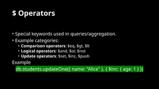 $ Operators
• Special keywords used in queries/aggregation.
• Example categories:
• Comparison operators: $eq, $gt, $lt
• Logical operators: $and, $or, $not
• Update operators: $set, $inc, $push
Example
db.students.updateOne({ name: "Alice" }, { $inc: { age: 1 } })
 