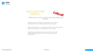 KATA
© 2016 The Leadership Network®
© 2016 Jidoka®
Beth Carrington
08
OUTCOMES ARE
CRITICAL
Relevancy comes when the outcomes are
critical…
qImprovement Kata is deployed on critical
organizational challenges and processes.
qCoaches have a vested interest in the outcomes
and are held accountable for the results.
qLearners are the process owners and will
personally benefit from the improvements
achieved.
 