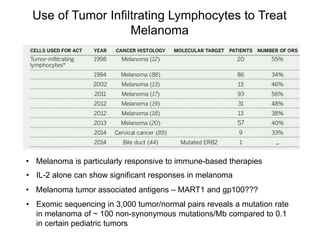 Use of Tumor Infiltrating Lymphocytes to Treat
Melanoma
• Melanoma is particularly responsive to immune-based therapies
• IL-2 alone can show significant responses in melanoma
• Melanoma tumor associated antigens – MART1 and gp100???
• Exomic sequencing in 3,000 tumor/normal pairs reveals a mutation rate
in melanoma of ~ 100 non-synonymous mutations/Mb compared to 0.1
in certain pediatric tumors
 