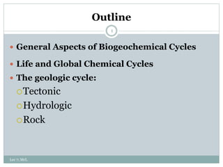 Outline
1
 General Aspects of Biogeochemical Cycles
 Life and Global Chemical Cycles
 The geologic cycle:
Tectonic
Hydrologic
Rock
Lec 7; MrL
 