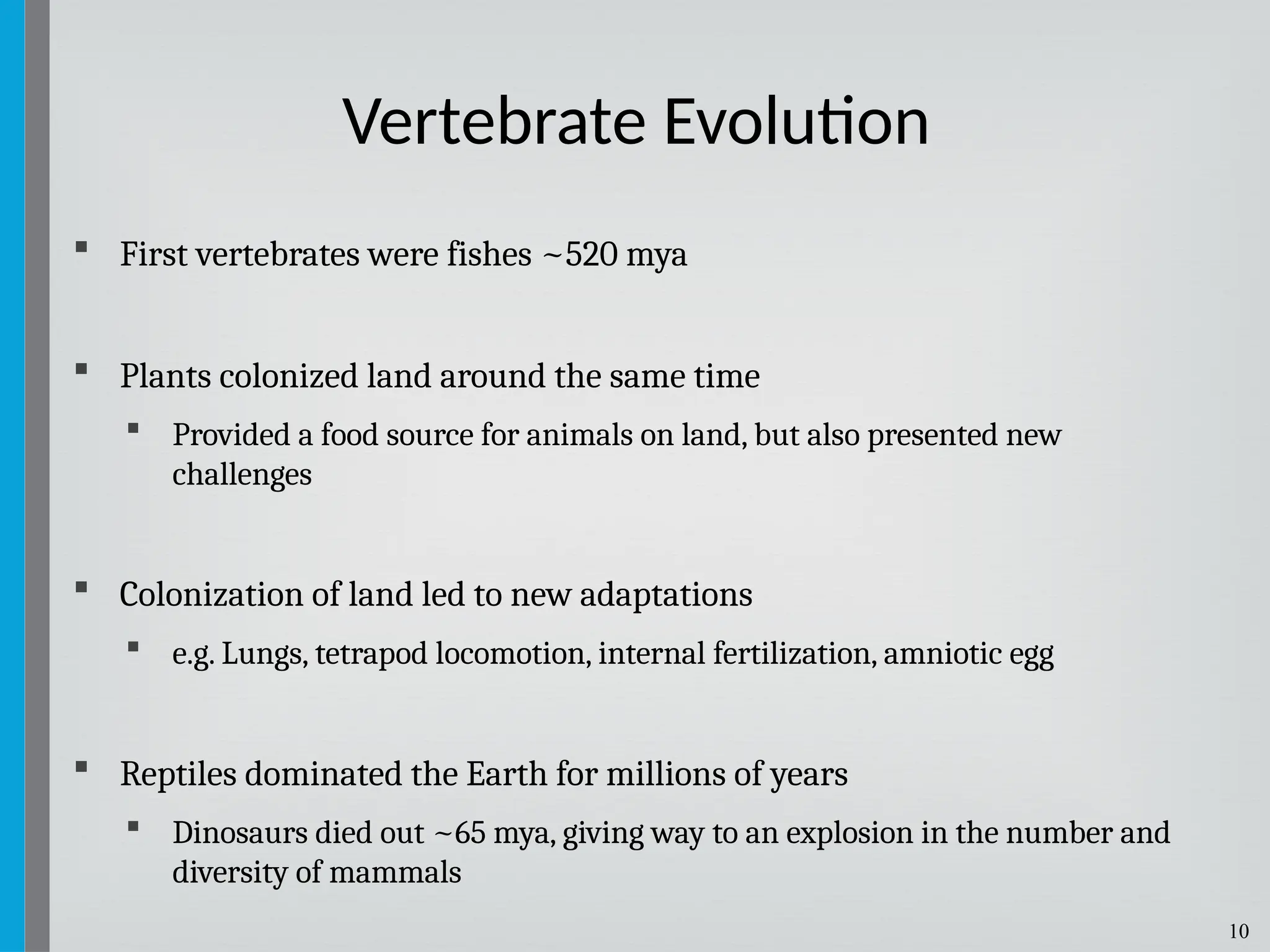 10
 First vertebrates were fishes ~520 mya
 Plants colonized land around the same time
 Provided a food source for animals on land, but also presented new
challenges
 Colonization of land led to new adaptations
 e.g. Lungs, tetrapod locomotion, internal fertilization, amniotic egg
 Reptiles dominated the Earth for millions of years
 Dinosaurs died out ~65 mya, giving way to an explosion in the number and
diversity of mammals
Vertebrate Evolution
 