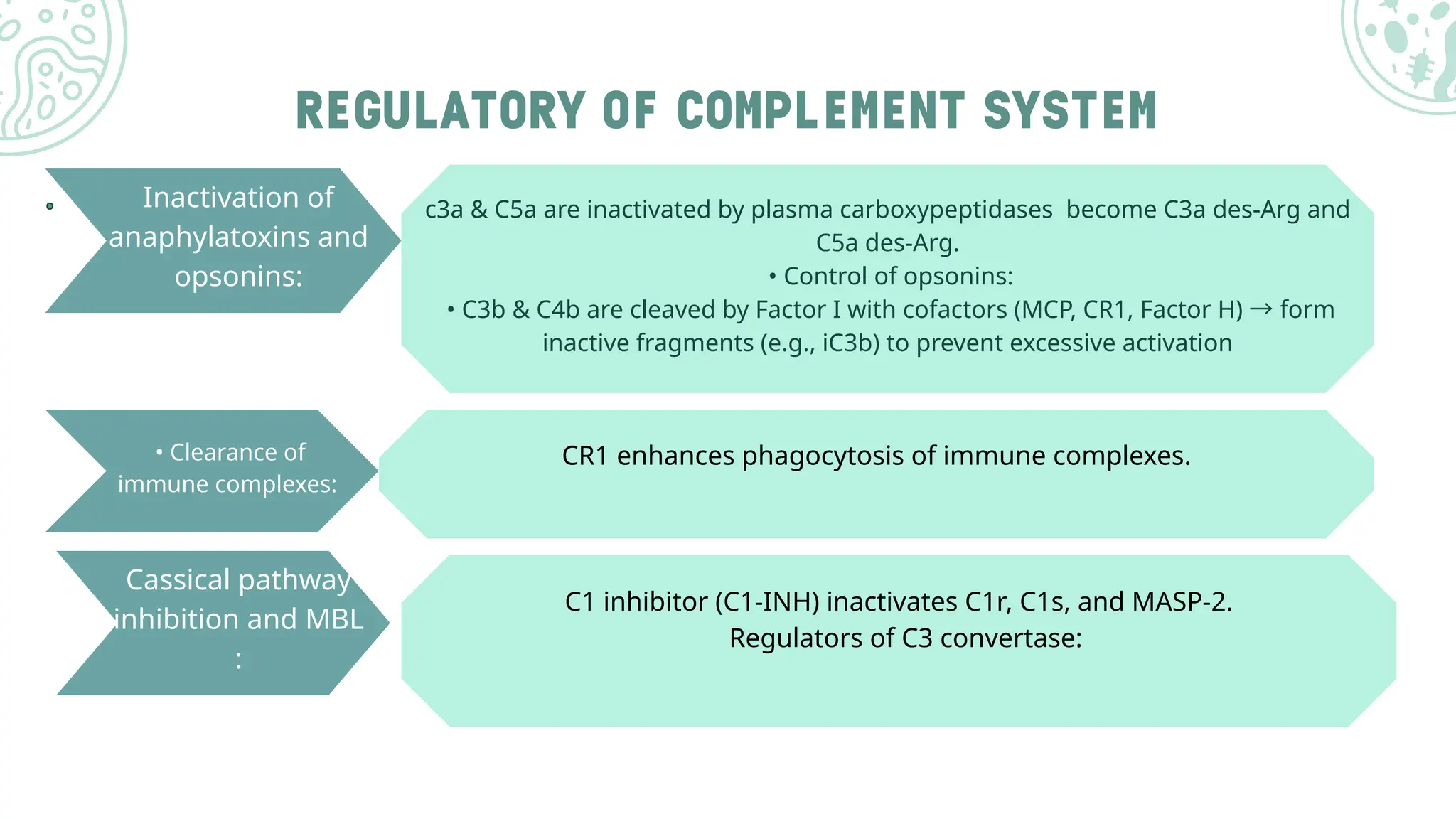 REGULATORY OF COMPLEMENT SYSTEM
.
. Inactivation of
anaphylatoxins and
opsonins:
c3a & C5a are inactivated by plasma carboxypeptidases become C3a des-Arg and
C5a des-Arg.
• Control of opsonins:
• C3b & C4b are cleaved by Factor I with cofactors (MCP, CR1, Factor H) →form
inactive fragments (e.g., iC3b) to prevent excessive activation
• Clearance of
immune complexes:
CR1 enhances phagocytosis of immune complexes.
Cassical pathway
inhibition and MBL
:
C1 inhibitor (C1-INH) inactivates C1r, C1s, and MASP-2.
Regulators of C3 convertase:
 