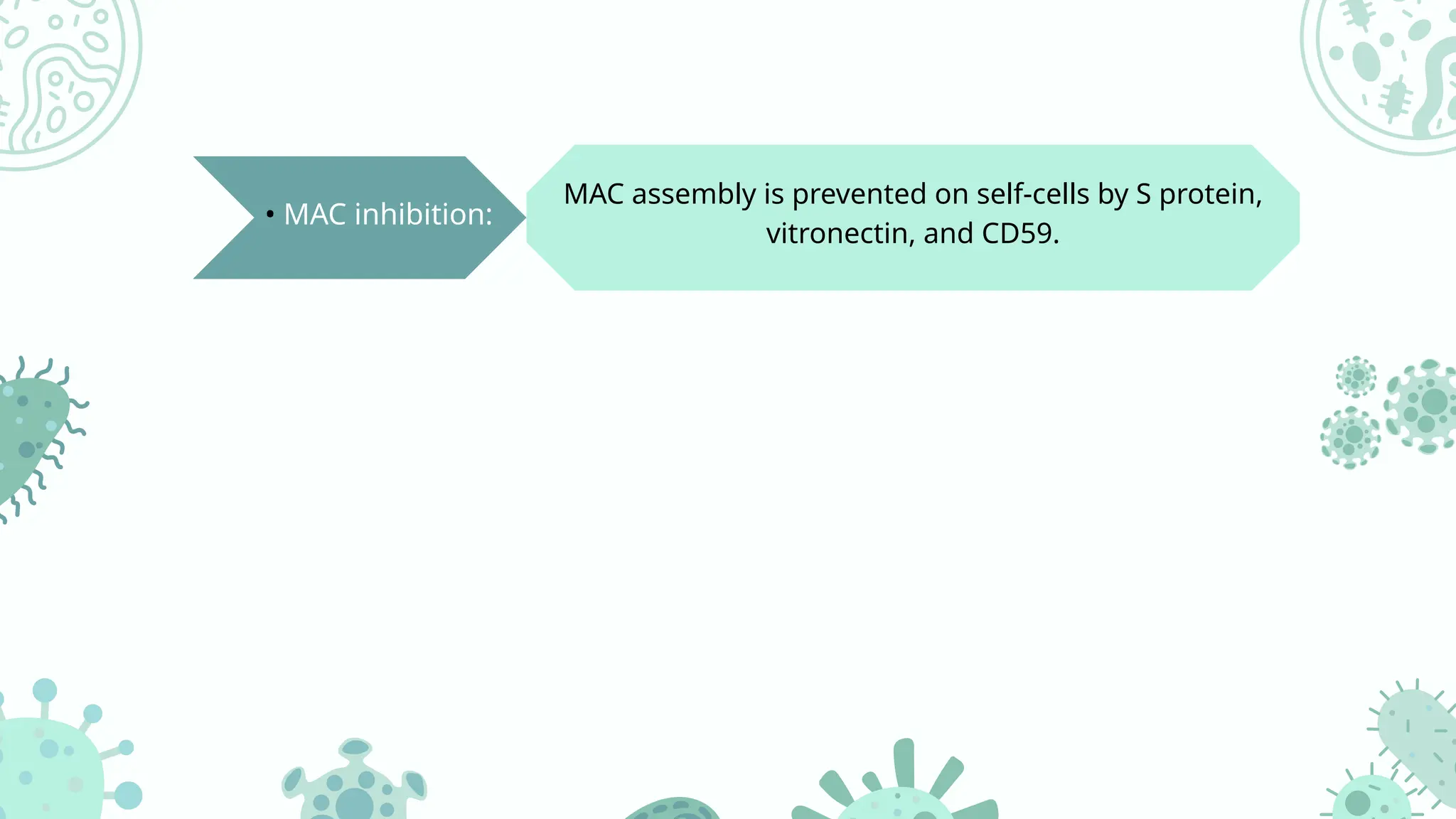 • MAC inhibition:
MAC assembly is prevented on self-cells by S protein,
vitronectin, and CD59.
 