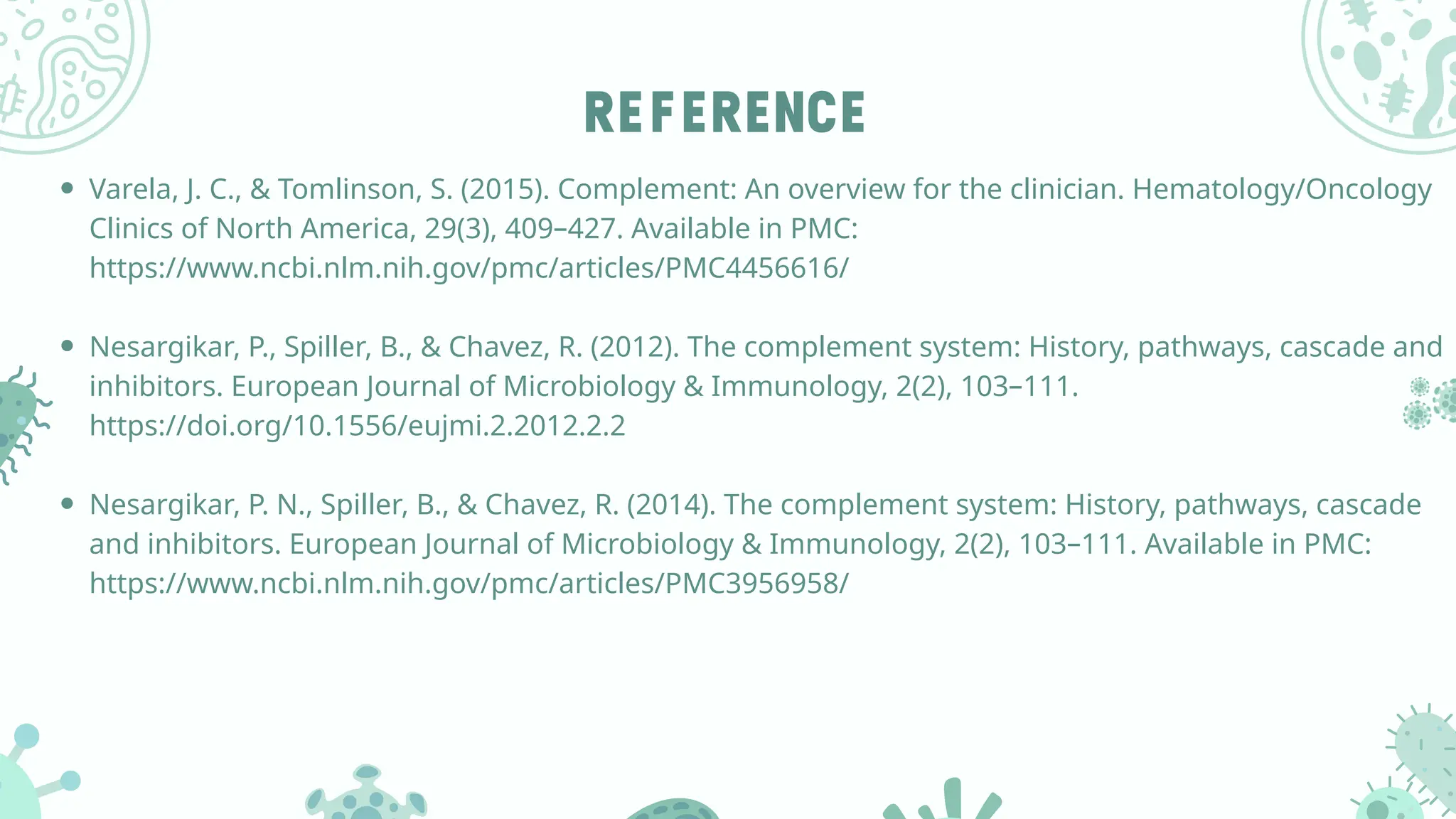 REFERENCE
Varela, J. C., & Tomlinson, S. (2015). Complement: An overview for the clinician. Hematology/Oncology
Clinics of North America, 29(3), 409–427. Available in PMC:
https://www.ncbi.nlm.nih.gov/pmc/articles/PMC4456616/
Nesargikar, P., Spiller, B., & Chavez, R. (2012). The complement system: History, pathways, cascade and
inhibitors. European Journal of Microbiology & Immunology, 2(2), 103–111.
https://doi.org/10.1556/eujmi.2.2012.2.2
Nesargikar, P. N., Spiller, B., & Chavez, R. (2014). The complement system: History, pathways, cascade
and inhibitors. European Journal of Microbiology & Immunology, 2(2), 103–111. Available in PMC:
https://www.ncbi.nlm.nih.gov/pmc/articles/PMC3956958/
 