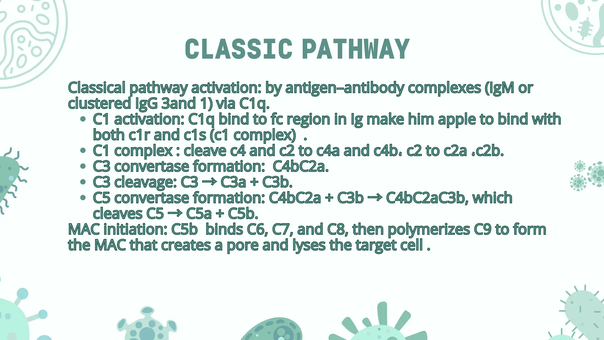 CLASSIC PATHWAY
Classical pathway activation: by antigen–antibody complexes (IgM or
clustered IgG 3and 1) via C1q.
C1 activation: C1q bind to fc region in Ig make him apple to bind with
both c1r and c1s (c1 complex) .
C1 complex : cleave c4 and c2 to c4a and c4b، c2 to c2a ،c2b.
C3 convertase formation: C4bC2a.
C3 cleavage: C3 →C3a + C3b.
C5 convertase formation: C4bC2a + C3b →C4bC2aC3b, which
cleaves C5 →C5a + C5b.
MAC initiation: C5b binds C6, C7, and C8, then polymerizes C9 to form
the MAC that creates a pore and lyses the target cell .
Classical pathway activation: by antigen–antibody complexes (IgM or
clustered IgG 3and 1) via C1q.
C1 activation: C1q bind to fc region in Ig make him apple to bind with
both c1r and c1s (c1 complex) .
C1 complex : cleave c4 and c2 to c4a and c4b، c2 to c2a ،c2b.
C3 convertase formation: C4bC2a.
C3 cleavage: C3 →C3a + C3b.
C5 convertase formation: C4bC2a + C3b →C4bC2aC3b, which
cleaves C5 →C5a + C5b.
MAC initiation: C5b binds C6, C7, and C8, then polymerizes C9 to form
the MAC that creates a pore and lyses the target cell .
 