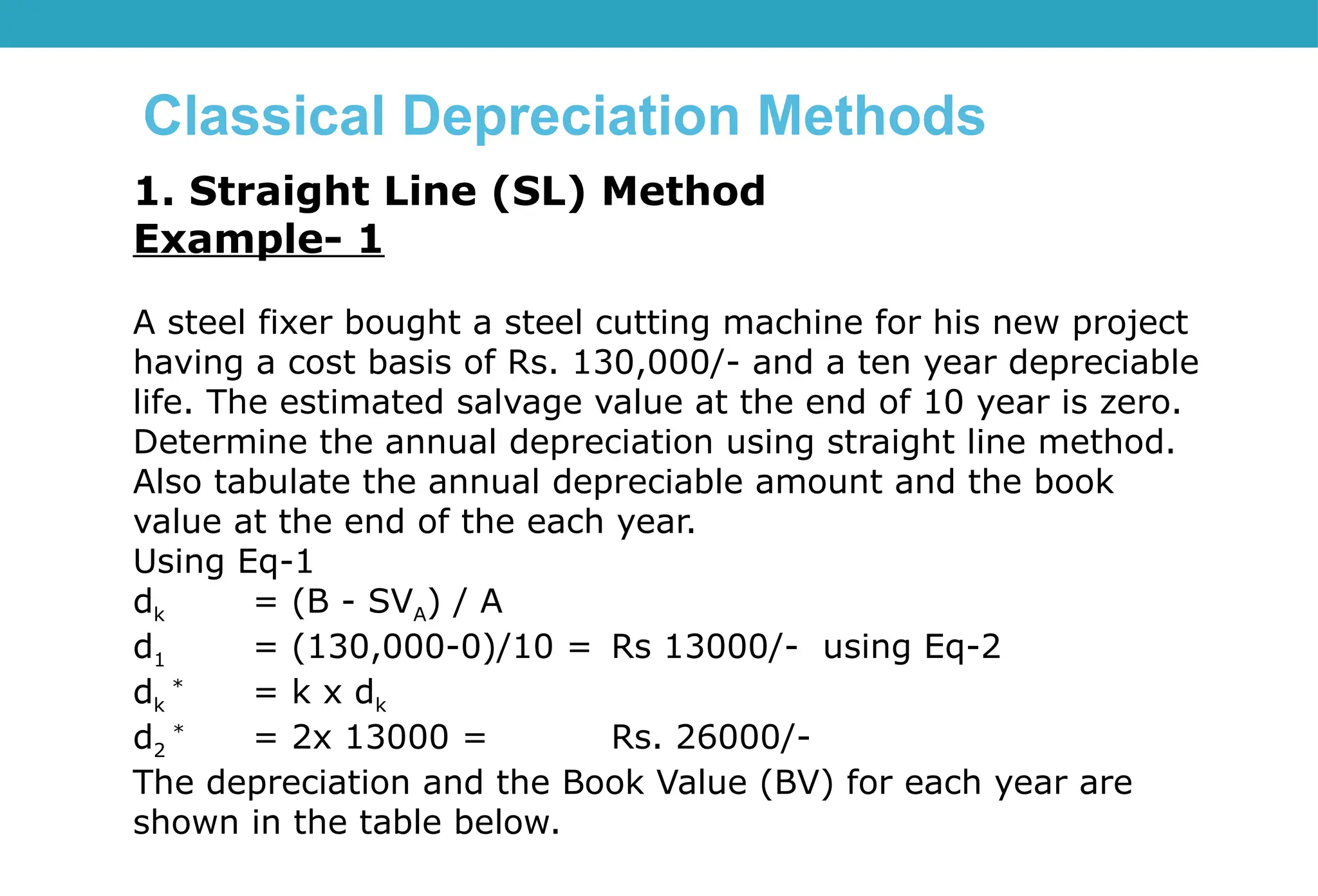 Classical Depreciation Methods
1. Straight Line (SL) Method
Example- 1
A steel fixer bought a steel cutting machine for his new project
having a cost basis of Rs. 130,000/- and a ten year depreciable
life. The estimated salvage value at the end of 10 year is zero.
Determine the annual depreciation using straight line method.
Also tabulate the annual depreciable amount and the book
value at the end of the each year.
Using Eq-1
dk = (B - SVA) / A
d1 = (130,000-0)/10 = Rs 13000/- using Eq-2
dk
*
= k x dk
d2
*
= 2x 13000 = Rs. 26000/-
The depreciation and the Book Value (BV) for each year are
shown in the table below.
 