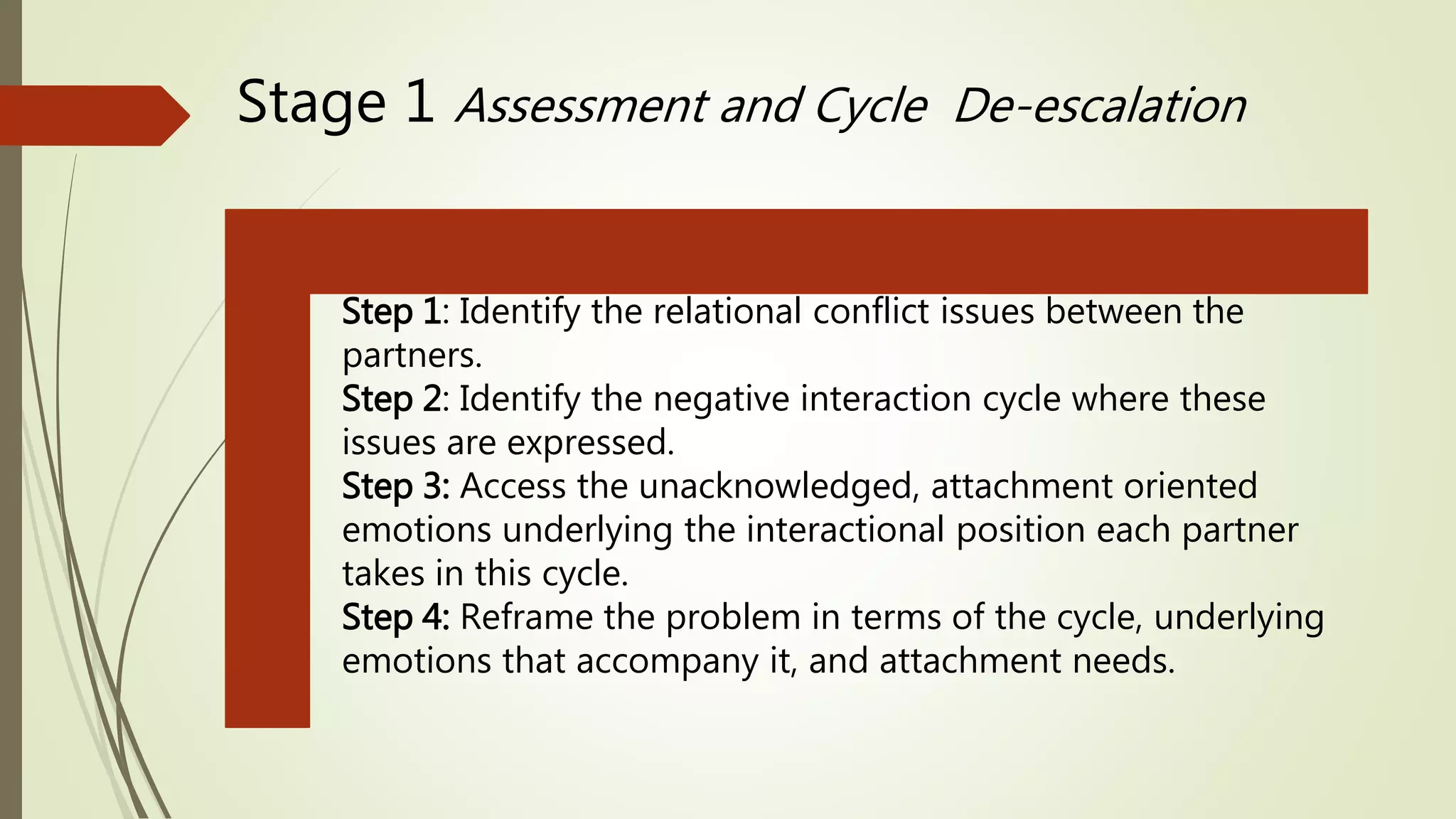 Stage 1 Assessment and Cycle De-escalation
Step 1: Identify the relational conflict issues between the
partners.
Step 2: Identify the negative interaction cycle where these
issues are expressed.
Step 3: Access the unacknowledged, attachment oriented
emotions underlying the interactional position each partner
takes in this cycle.
Step 4: Reframe the problem in terms of the cycle, underlying
emotions that accompany it, and attachment needs.
 