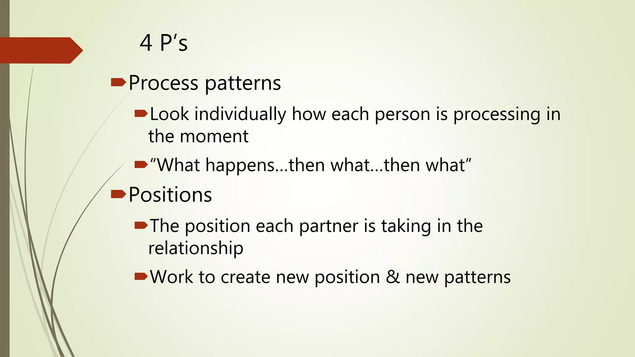 4 P’s
Process patterns
Look individually how each person is processing in
the moment
“What happens…then what…then what”
Positions
The position each partner is taking in the
relationship
Work to create new position & new patterns
 