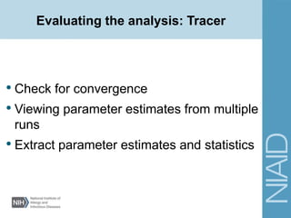 Evaluating the analysis: Tracer
• Check for convergence
• Viewing parameter estimates from multiple
runs
• Extract parameter estimates and statistics
 