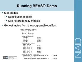 Running BEAST: Demo
• Site Models
• Substitution models
• Site heterogeneity models
• Get estimates from the program jModelTest
Model selected: TVM+I+G
-lnL = 1676.8109
K = 9
AIC = 3371.6218
Base frequencies:
freqA = 0.2259
freqC = 0.3199
freqG = 0.2405
freqT = 0.2137
Substitution model:
Rate matrix
R(a) [A-C] = 0.2494
R(b) [A-G] = 4.8655
R(c) [A-T] = 0.7435
R(d) [C-G] = 0.3907
R(e) [C-T] = 4.8655
R(f) [G-T] = 1.0000
Among-site rate variation
Proportion of invariable sites (I) = 0.6508
Variable sites (G)
Gamma distribution shape parameter = 0.5913
 