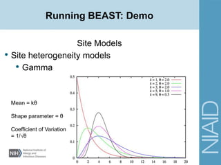 Running BEAST: Demo
Site Models
• Site heterogeneity models
• Gamma
Mean = kθ
Shape parameter = θ
Coefficient of Variation
= 1/√θ
 