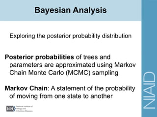 Exploring the posterior probability distribution
Posterior probabilities of trees and
parameters are approximated using Markov
Chain Monte Carlo (MCMC) sampling
Markov Chain: A statement of the probability
of moving from one state to another
Bayesian Analysis
 