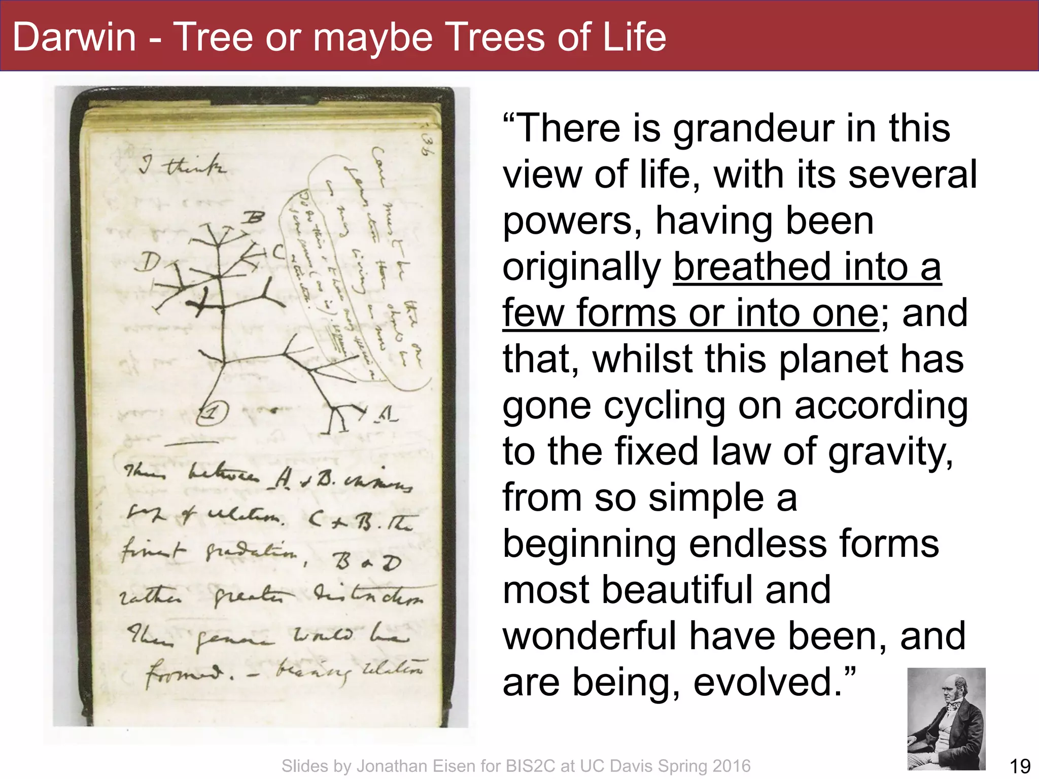 Slides by Jonathan Eisen for BIS2C at UC Davis Spring 2016 19
“There is grandeur in this
view of life, with its several
powers, having been
originally breathed into a
few forms or into one; and
that, whilst this planet has
gone cycling on according
to the fixed law of gravity,
from so simple a
beginning endless forms
most beautiful and
wonderful have been, and
are being, evolved.”
Darwin - Tree or maybe Trees of Life
 