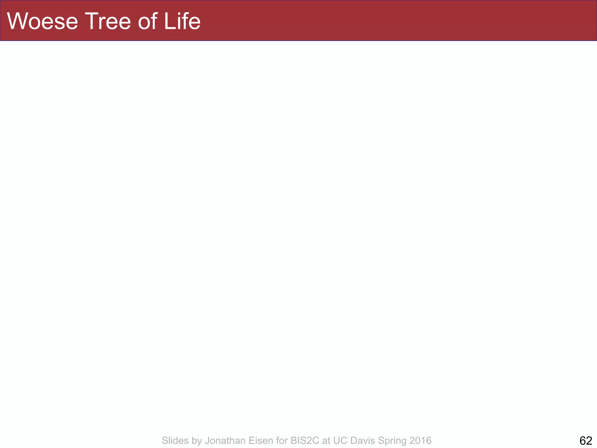 Slides by Jonathan Eisen for BIS2C at UC Davis Spring 2016
Woese Tree of Life
62
 