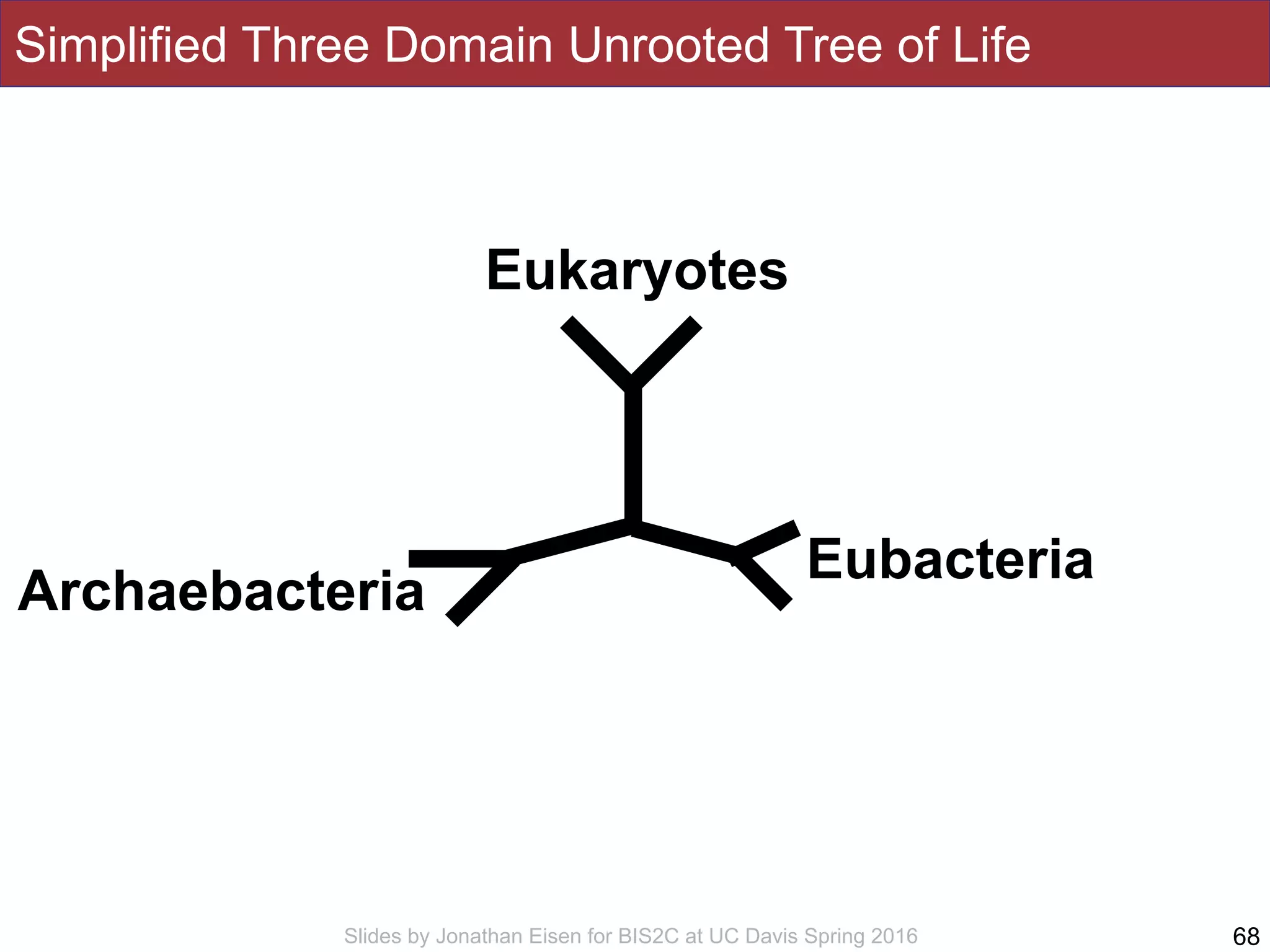 Slides by Jonathan Eisen for BIS2C at UC Davis Spring 2016
Simplified Three Domain Unrooted Tree of Life
68
Eukaryotes
Archaebacteria
Eubacteria
 