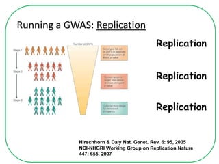Running a GWAS: Replication
Replication
Hirschhorn & Daly Nat. Genet. Rev. 6: 95, 2005
NCI-NHGRI Working Group on Replication Nature
447: 655, 2007
Replication
Replication
 