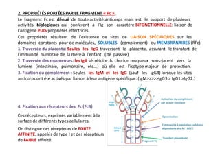 2. PROPRIÉTÉS PORTÉES PAR LE FRAGMENT « Fc ».
Le fragment Fc est dénué de toute activité anticorps mais est le support de plusieurs
activités biologiques qui confèrent à l'Ig son caractère BIFONCTIONNELLE: liaison de
l'antigène PUIS propriétés effectrices.
Ces propriétés résultent de l'existence de sites de LIAISON SPÉCIFIQUES sur les
domaines constants pour de molécules, SOLUBLES (complément) ou MEMBRANAIRES (RFc).
1. Traversée du placenta: Seules les IgG traversent le placenta, assurant le transfert de
l'immunité humorale de la mère à l'enfant (Ité passive)
2. Traversée des muqueuses: les IgA sécrétoire du chorion muqueux sous-jacent vers la
lumière (intestinale, pulmonaire, etc...) où elle est l'isotype majeur de protection.
3. Fixation du complément : Seules les IgM et les IgG (sauf les IgG4) lorsque les sites
anticorps ont été activés par liaison à leur antigène spécifique. (IgM>>>>>IgG3 > IgG1 >IgG2.)
3. Fixation du complément : Seules les IgM et les IgG (sauf les IgG4) lorsque les sites
anticorps ont été activés par liaison à leur antigène spécifique. (IgM>>>>>IgG3 > IgG1 >IgG2.)
4. Fixation aux récepteurs des Fc (FcR)
Ces récepteurs, exprimés variablement à la
surface de différents types cellulaires,
On distingue des récepteurs de FORTE
AFFINITÉ, appelés de type I et des récepteurs
de FAIBLE affinité.
Activation du complément
par la voie classique
Fragment Fc
Cytotoxicité à médiation cellulaire
dépendante des Ac : ADCC
Opsonisation
Transfert placentaire
 
