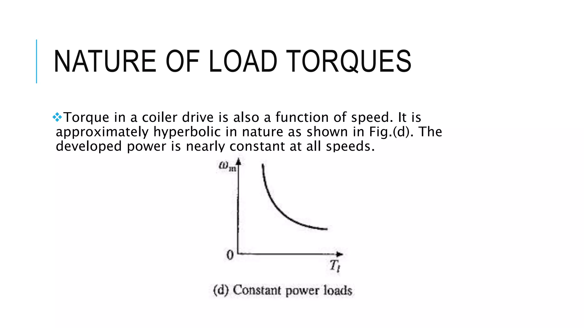 NATURE OF LOAD TORQUES
Torque in a coiler drive is also a function of speed. It is
approximately hyperbolic in nature as shown in Fig.(d). The
developed power is nearly constant at all speeds.
 