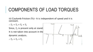 COMPONENTS OF LOAD TORQUES
iii) Coulomb Friction (Tc)- It is independent of speed and it is
constant.
∴ 𝑇𝐹 = 𝑇𝑆 + 𝑇𝑉 + 𝑇𝐶
Since, 𝑇𝑆 is present only at standstill,
It is not taken into account in the
dynamic analysis.
∴ 𝑇𝐹 = 𝑇𝑉 + 𝑇𝐶
 