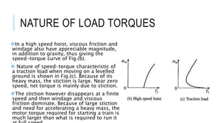 NATURE OF LOAD TORQUES
In a high speed hoist, viscous friction and
windage also have appreciable magnitude,
in addition to gravity, thus giving the
speed-torque curve of Fig.(b).
 Nature of speed-torque characteristic of
a traction load when moving on a levelled
ground is shown in Fig.(c). Because of its
heavy mass, the stiction is large. Near zero
speed, net torque is mainly due to stiction.
The stiction however disappears at a finite
speed and then windage and viscous
friction dominate. Because of large stiction
and need for accelerating a heavy mass, the
motor torque required for starting a train is
much larger than what is required to run it
 