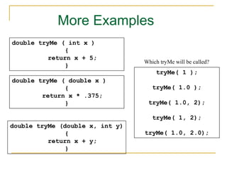 More Examples
double tryMe ( int x )
{
return x + 5;
}
double tryMe ( double x )
{
return x * .375;
}
double tryMe (double x, int y)
{
return x + y;
}
tryMe( 1 );
tryMe( 1.0 );
tryMe( 1.0, 2);
tryMe( 1, 2);
tryMe( 1.0, 2.0);
Which tryMe will be called?
 