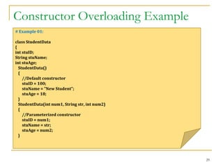 Constructor Overloading Example
29
# Example 01:
class StudentData
{
int stuID;
String stuName;
int stuAge;
StudentData()
{
//Default constructor
stuID = 100;
stuName = "New Student";
stuAge = 18;
}
StudentData(int num1, String str, int num2)
{
//Parameterized constructor
stuID = num1;
stuName = str;
stuAge = num2;
}
 
