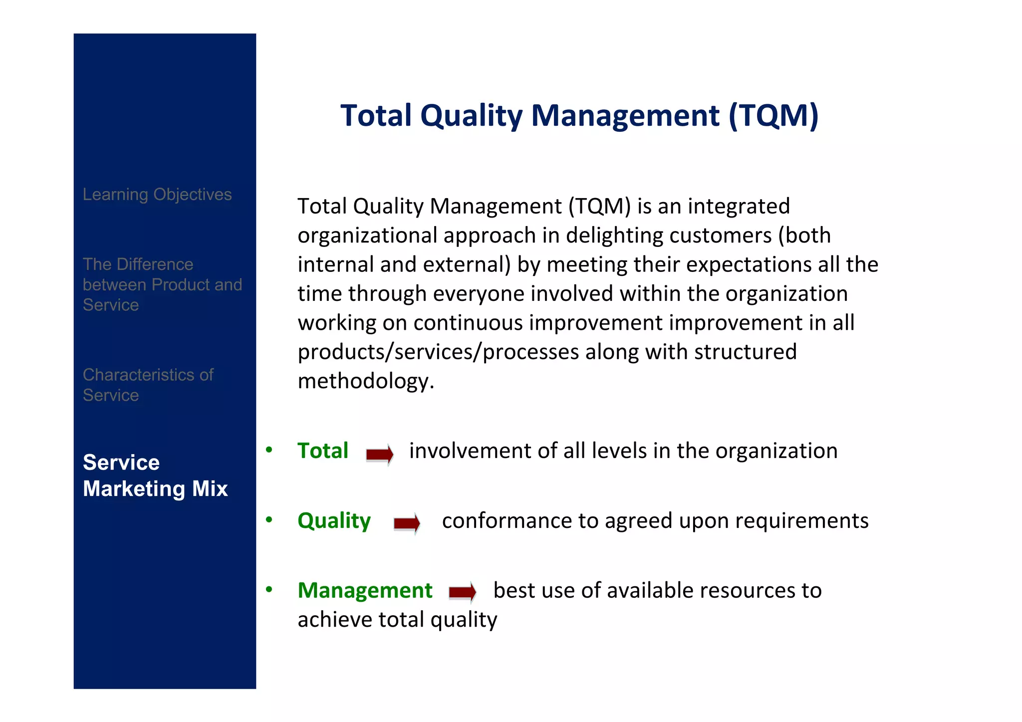 Total Quality Management (TQM)

Learning Objectives
                         Total Quality Management (TQM) is an integrated
                         organizational approach in delighting customers (both
The Difference           internal and external) by meeting their expectations all the
between Product and
Service
                         time through everyone involved within the organization
                         working on continuous improvement improvement in all
                         products/services/processes along with structured
Characteristics of       methodology.
Service



Service
                      • Total       involvement of all levels in the organization
Marketing Mix
                      • Quality         conformance to agreed upon requirements

                      • Management           best use of available resources to
                        achieve total quality
 