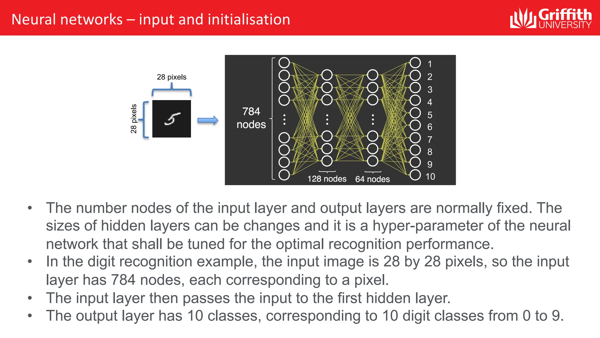 Neural networks – input and initialisation 28 pixels 28 pixels 1 2 3 4 10 5 6 7 8 9 • The number nodes of the input layer and output layers are normally fixed. The sizes of hidden layers can be changes and it is a hyper-parameter of the neural network that shall be tuned for the optimal recognition performance. • In the digit recognition example, the input image is 28 by 28 pixels, so the input layer has 784 nodes, each corresponding to a pixel. • The input layer then passes the input to the first hidden layer. • The output layer has 10 classes, corresponding to 10 digit classes from 0 to 9. 