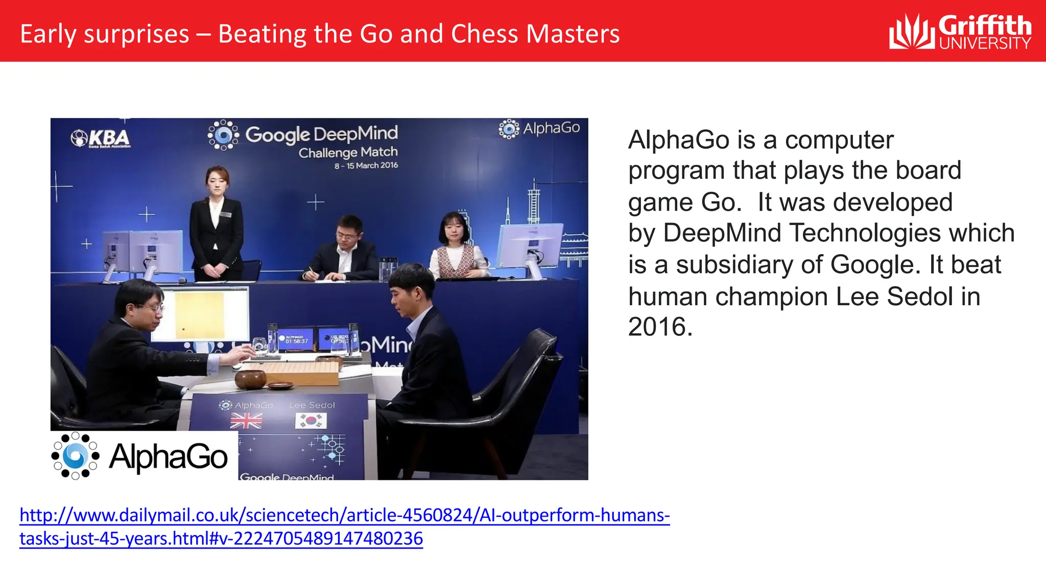 http://www.dailymail.co.uk/sciencetech/article-4560824/AI-outperform-humans- tasks-just-45-years.html#v-2224705489147480236 Early surprises – Beating the Go and Chess Masters AlphaGo is a computer program that plays the board game Go. It was developed by DeepMind Technologies which is a subsidiary of Google. It beat human champion Lee Sedol in 2016. 