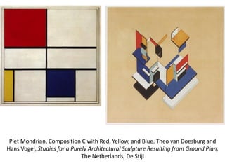 Piet Mondrian, Composition C with Red, Yellow, and Blue. Theo van Doesburg and
Hans Vogel, Studies for a Purely Architectural Sculpture Resulting from Ground Plan,
The Netherlands, De Stijl
 
