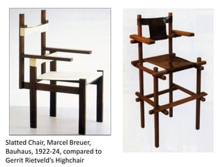 Slatted Chair, Marcel Breuer,
Bauhaus, 1922-24, compared to
Gerrit Rietveld’s Highchair
 