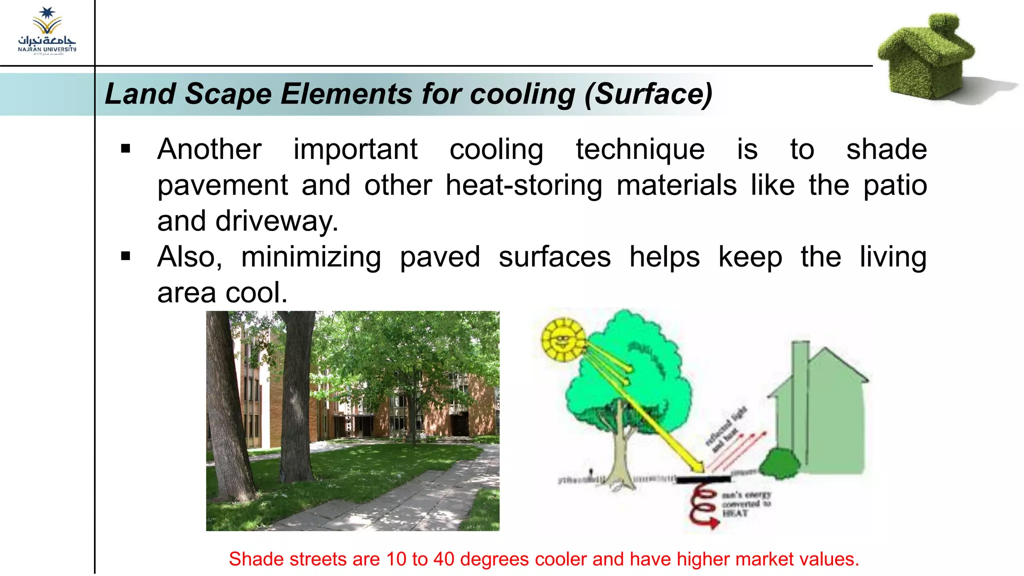 Shade streets are 10 to 40 degrees cooler and have higher market values.
▪ Another important cooling technique is to shade
pavement and other heat-storing materials like the patio
and driveway.
▪ Also, minimizing paved surfaces helps keep the living
area cool.
Land Scape Elements for cooling (Surface)
 