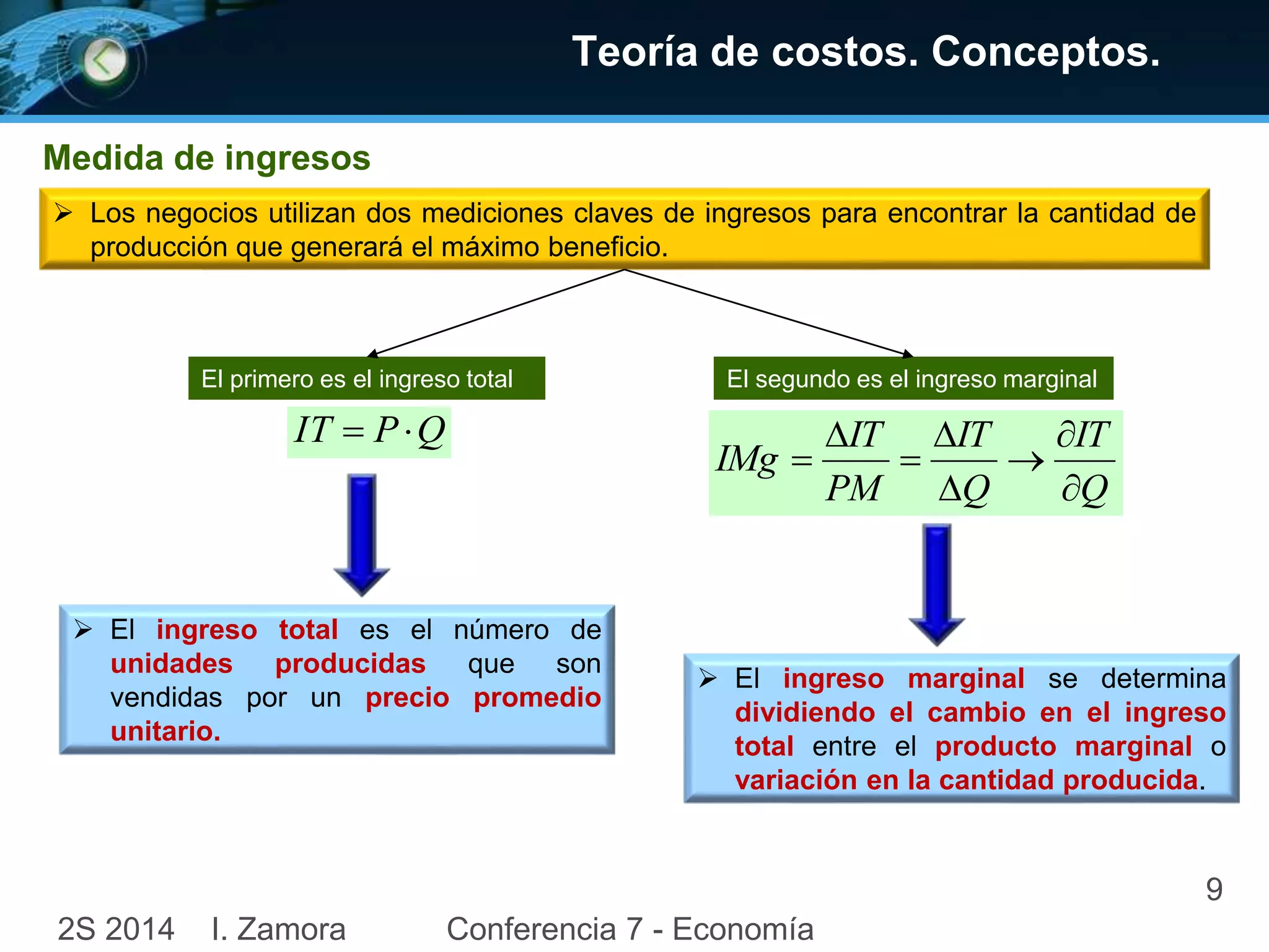 9 
Teoría de costos. Conceptos. 
Medida de ingresos 
 Los negocios utilizan dos mediciones claves de ingresos para encontrar la cantidad de 
producción que generará el máximo beneficio. 
El primero es el ingreso total El segundo es el ingreso marginal 
IT  PQ 
2S 2014 I. Zamora Conferencia 7 - Economía 
IT 
Q 
IT 
Q 
IT 
PM 
IMg 
 
 
 
 
 
 
 
 
 El ingreso total es el número de 
unidades producidas que son 
vendidas por un precio promedio 
unitario. 
 El ingreso marginal se determina 
dividiendo el cambio en el ingreso 
total entre el producto marginal o 
variación en la cantidad producida. 
 