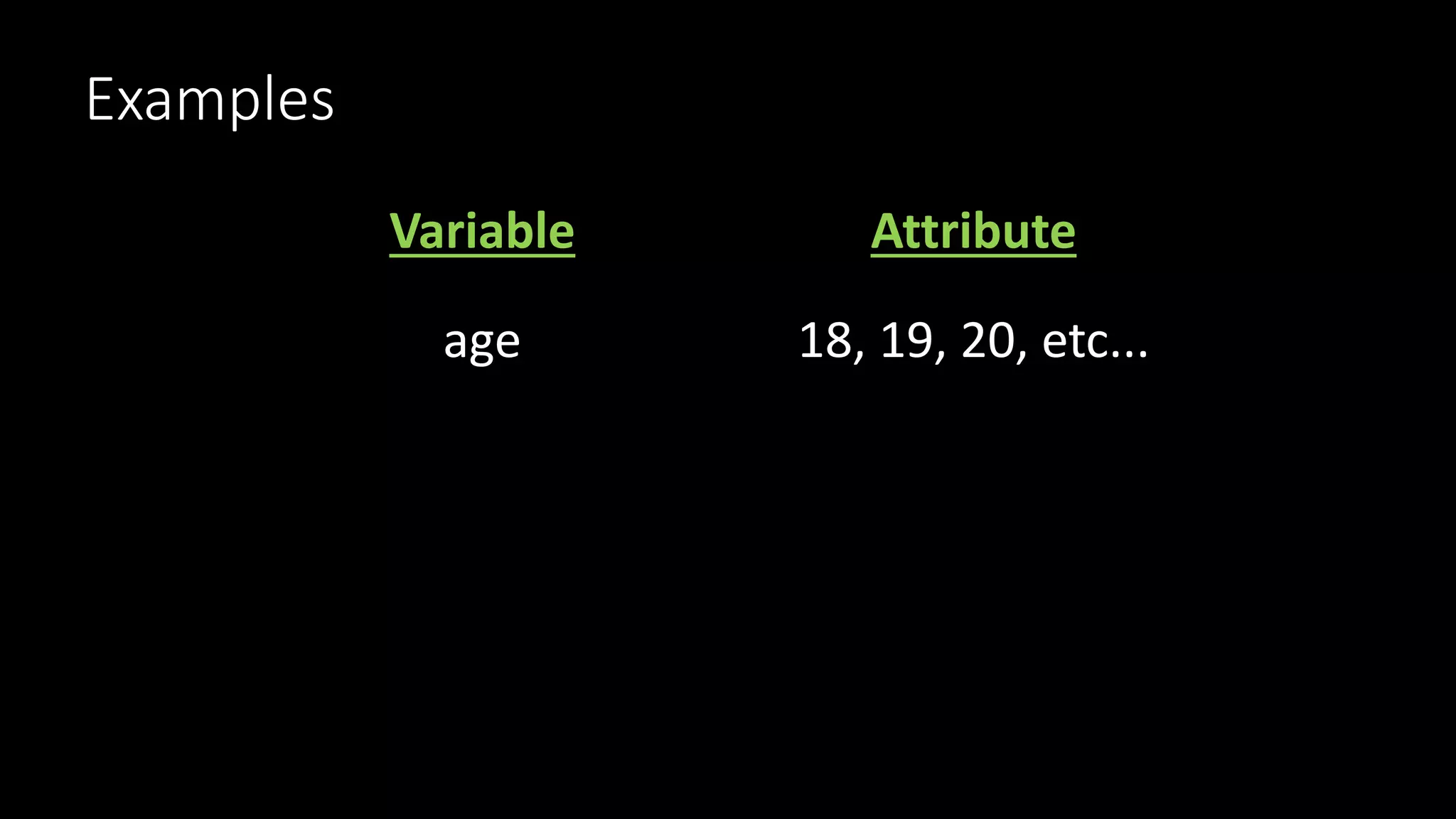 Examples
Variable Attribute
age 18, 19, 20, etc...
 