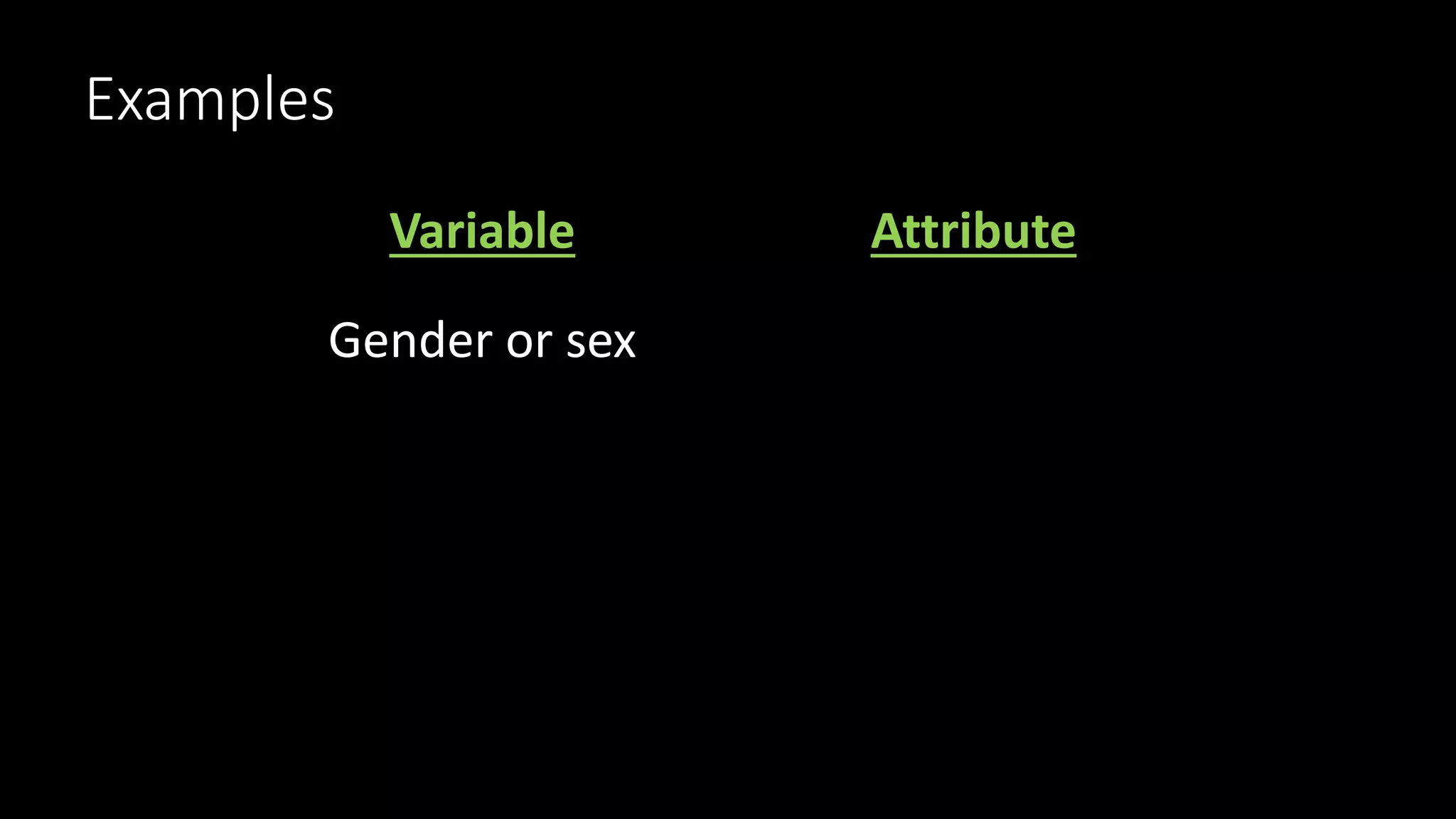 Examples
Variable Attribute
Gender or sex
 