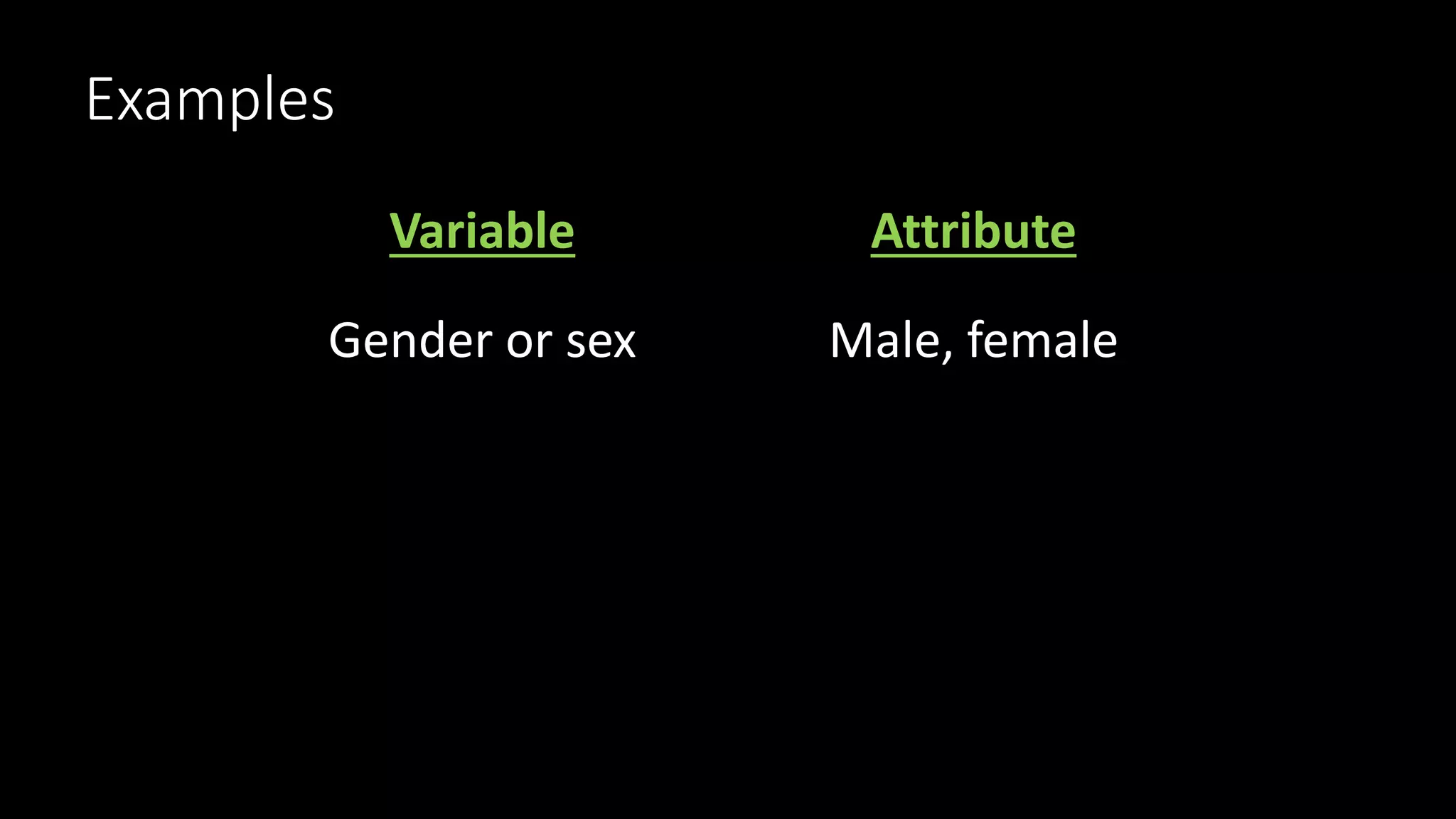 Examples
Variable Attribute
Gender or sex Male, female
 