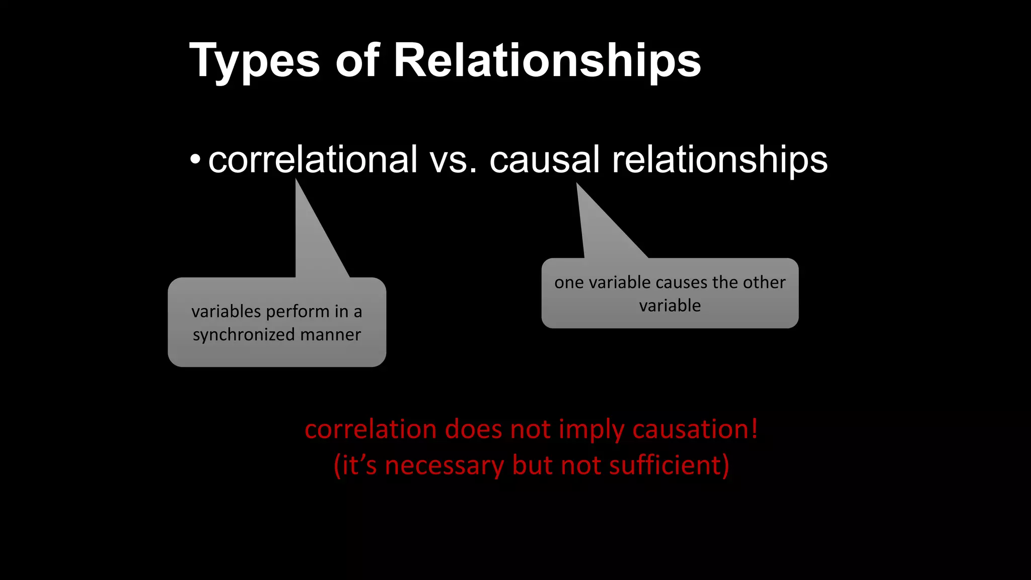 Types of Relationships
• correlational vs. causal relationships
correlation does not imply causation!
(it’s necessary but not sufficient)
variables perform in a
synchronized manner
one variable causes the other
variable
 