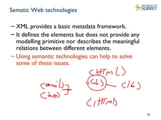 Sematic Web technologies
−XML provides a basic metadata framework.
−It defines the elements but does not provide any
modelling primitive nor describes the meaningful
relations between different elements.
−Using semantic technologies can help to solve
some of these issues.
15
 