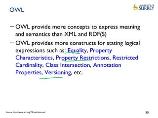 OWL
−OWL provide more concepts to express meaning
and semantics than XML and RDF(S)
−OWL provides more constructs for stating logical
expressions such as: Equality, Property
Characteristics, Property Restrictions, Restricted
Cardinality, Class Intersection, Annotation
Properties, Versioning, etc.
Source: http://www.w3.org/TR/owl-features/ 30
 