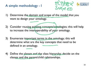A simple methodology - I
1) Determine the domain and scope of the model that you
want to design your ontology.
2) Consider reusing existing concepts/ontologies; this will help
to increase the interoperability of your ontology.
3) Enumerate important terms in the ontology; this will
determine what are the key concepts that need to be
defined in an ontology.
4) Define the classes and the class hierarchy; decide on the
classes and the parent/child relationships.
33
 