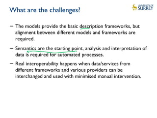 What are the challenges?
− The models provide the basic description frameworks, but
alignment between different models and frameworks are
required.
− Semantics are the starting point, analysis and interpretation of
data is required for automated processes.
− Real interoperability happens when data/services from
different frameworks and various providers can be
interchanged and used with minimised manual intervention.
 