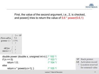 double power (double x, unsigned int n) { /* 102 */
Lecture 7: Stack & Recursion 29
/* 103 */
/* 104 */
if (n == 0)
return 1.0;
else
return x * power(x,n-1); } /* 105 */
First, the value of the second argument, i.e., 2, is checked,
and power() tries to return the value of 5.6 * power(5.6,1)
 