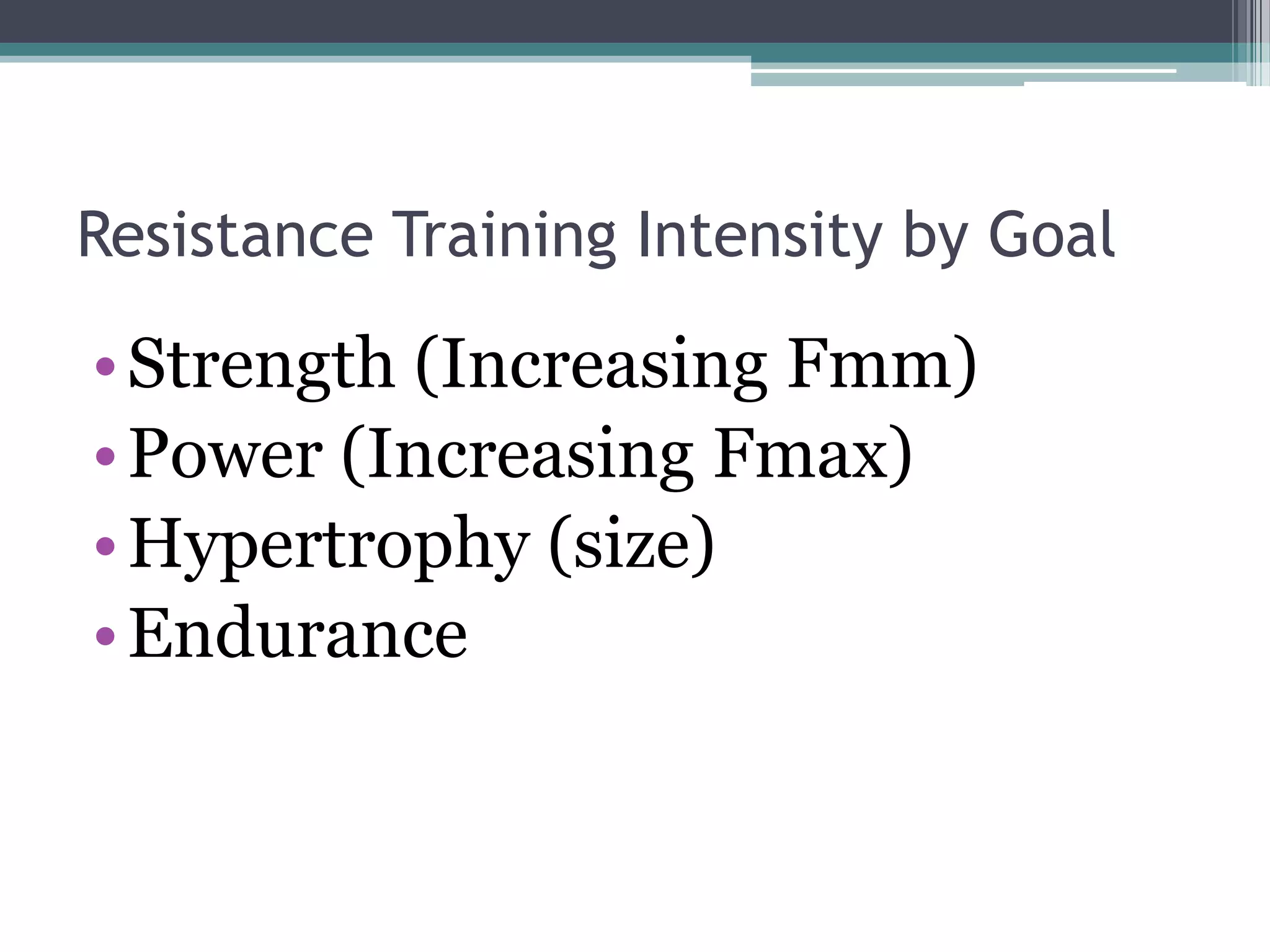 Resistance Training Intensity by Goal
•Strength (Increasing Fmm)
•Power (Increasing Fmax)
•Hypertrophy (size)
•Endurance
 