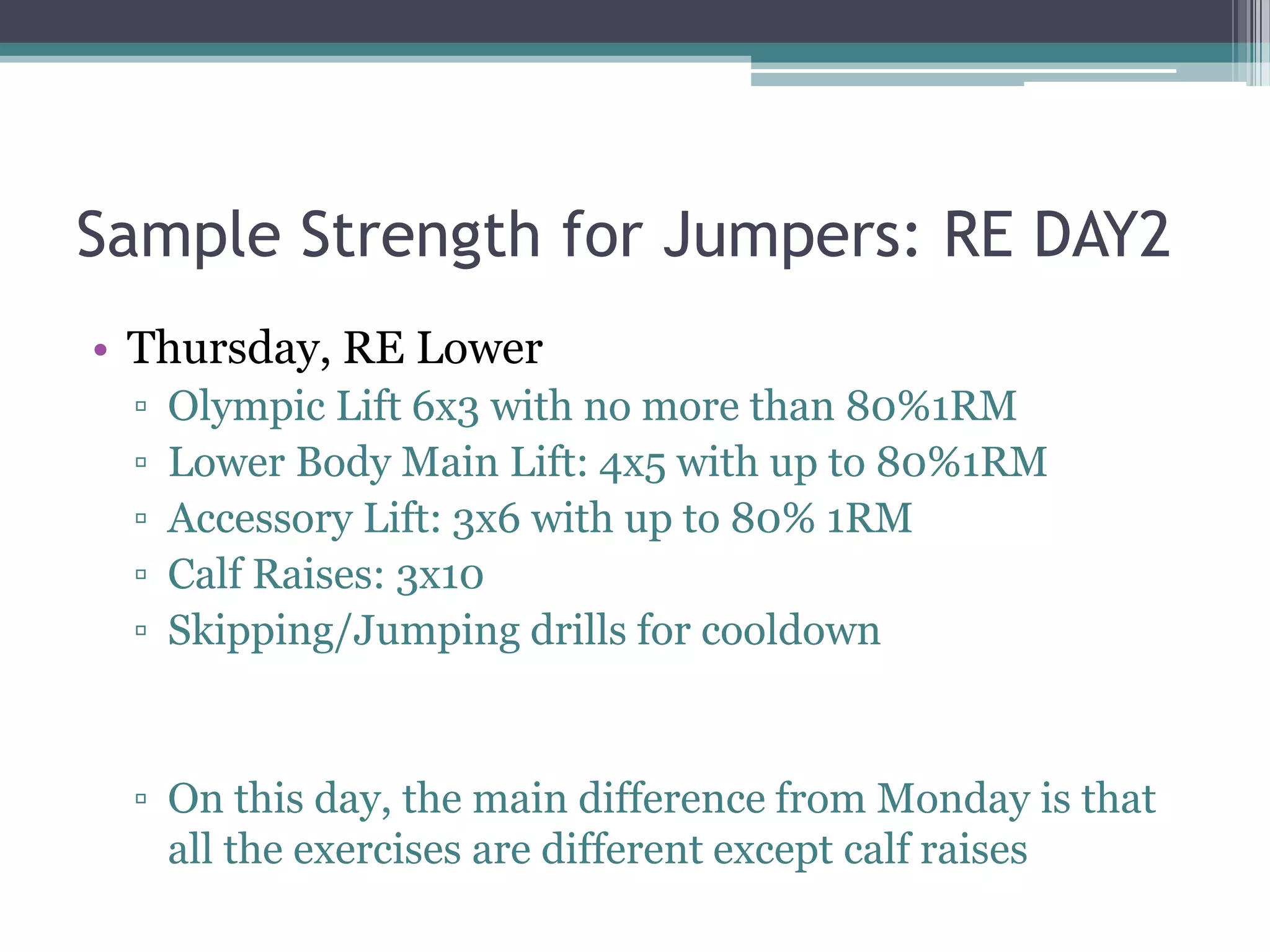 Sample Strength for Jumpers: RE DAY2
• Thursday, RE Lower
▫ Olympic Lift 6x3 with no more than 80%1RM
▫ Lower Body Main Lift: 4x5 with up to 80%1RM
▫ Accessory Lift: 3x6 with up to 80% 1RM
▫ Calf Raises: 3x10
▫ Skipping/Jumping drills for cooldown
▫ On this day, the main difference from Monday is that
all the exercises are different except calf raises
 