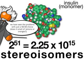 insulin
                               (monomer)


 we have seen the problems
   with just a 50:50 choice
 (does it smell of lemons or
           oranges?)




 251 = 2.25 x 1015
stereoisomers
 