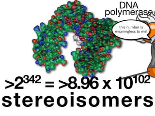 DNA
               polymerase
                   this number is
                 meaningless to me!

         342




>2342 = >8.96 x 10102

stereoisomers
 