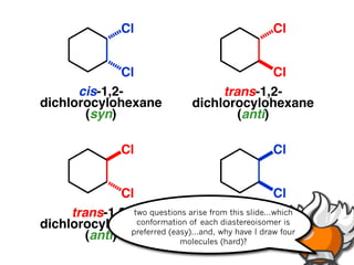 Cl                               Cl


             Cl                                Cl
      cis-1,2-                       trans-1,2-
dichlorocylohexane              dichlorocylohexane
       (syn)                            (anti)

                 Cl                               Cl


               Cl                                     Cl
                                          cis-1,2-
     trans-1,2- two questions arise from this slide...which
                  conformation of each diastereoisomer is
                                dichlorocylohexane
dichlorocylohexane (easy)...and, why have I draw four
                preferred
        (anti)                             (syn)
                            molecules (hard)?
 