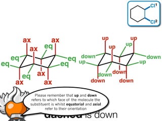 Cl1


                                                                              Cl2


          ax     ax                                     up         up
               eq                                            up   up
            ax
     eq                       eq        down                                 down
eq                          eq         up                               up

        eq ax                                   down down
      ax     ax                               down     down

              Please remember that up and down
            refers to which face of the molecule the
                     bold is up
           substituent is whilst equatorial and axial
                     refer to their orientation

                   dashed is down
 
