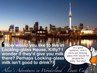 ‘
...How would you like to live in
Looking-glass House, Kitty? I
there? Perhaps Looking-glass
                                 glass
                                       its a good
                                   question...and it
wonder if they'd give you milk inturnsmilk’ ‘looking-
                                         out
                                              would not
                                      be good for
                                    Kitty...but why?
milk isn't good to drink?
Alice's Adventures in Wonderland - Lew" Carroll
 