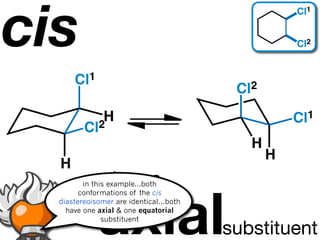 cis
                                                    Cl1


                                                    Cl2


      Cl1
                                          Cl2

              2
               H                                    Cl1
         Cl
                                            H
                                                H
  H
              always

             axial
         in this example...both

                 one
        conformations of the cis
  diastereoisomer are identical...both
    have one axial & one equatorial
               substituent
                                         substituent
 